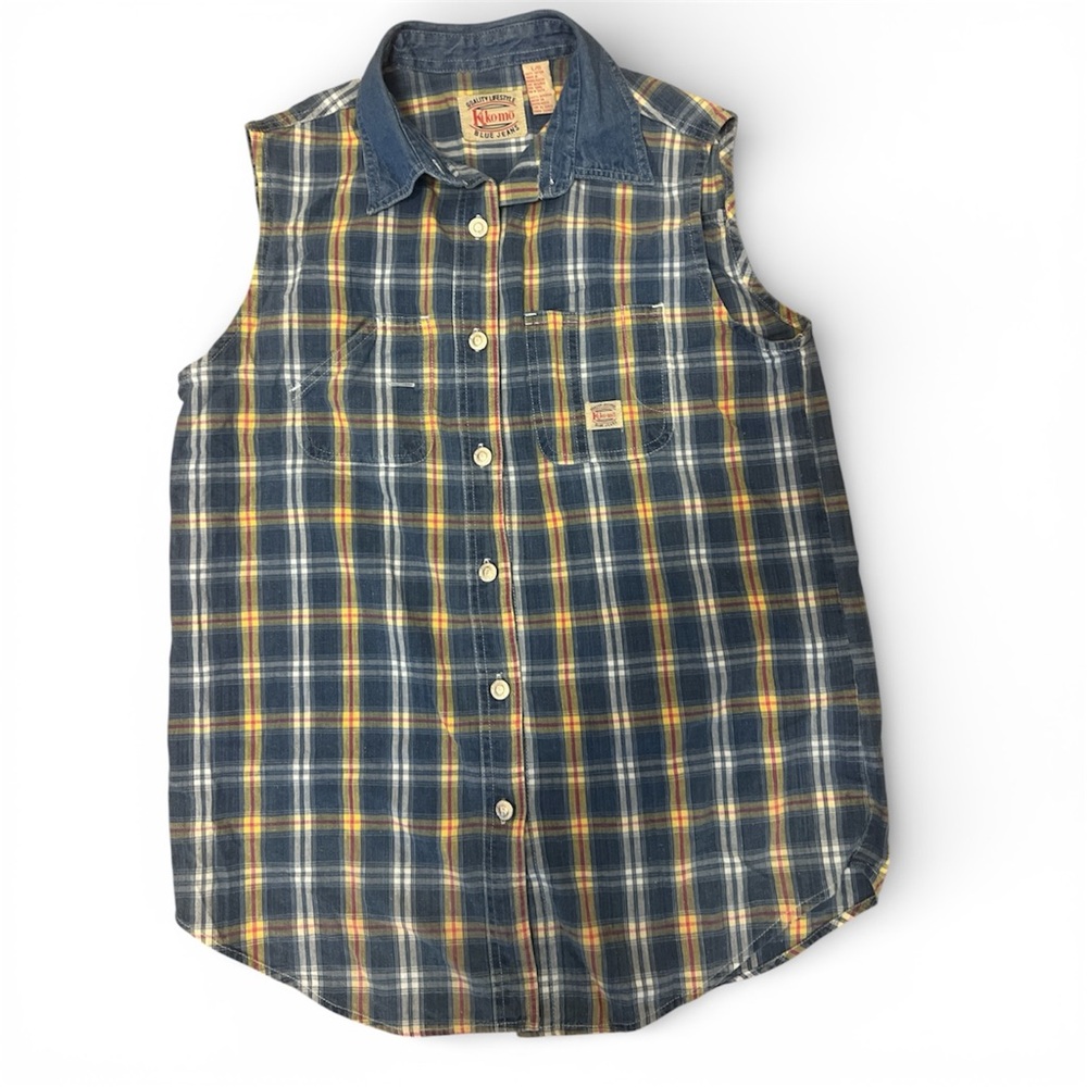 Vintage 90s Plaid Sleeveless Button Down Top Blue Yellow Grunge Western Large